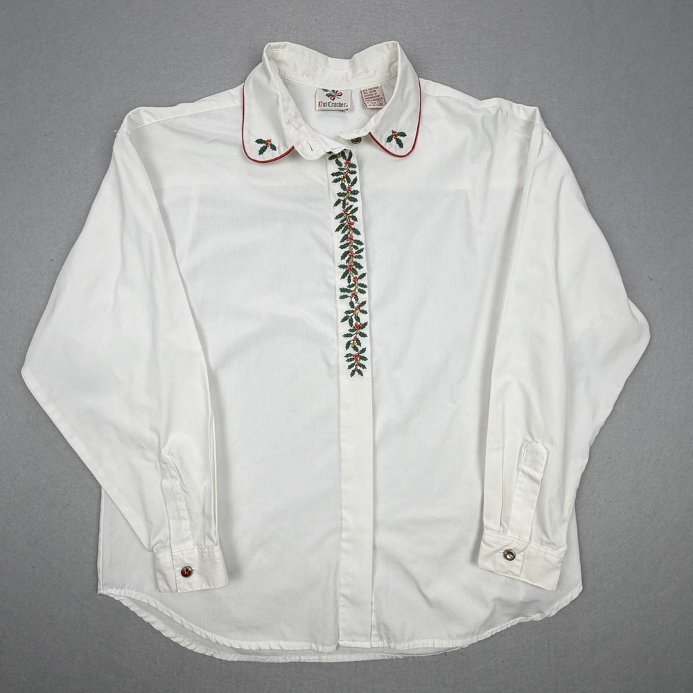 Vintage NutCracker Christmas Holly Embroidered White Blouse Red Trim Large